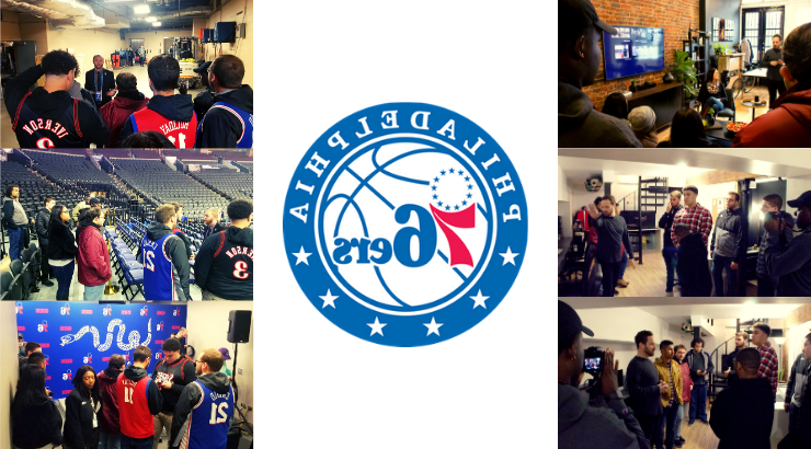 A collage of communications students at the 76ers offices